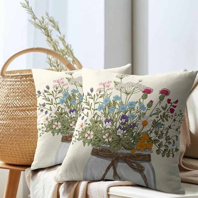 Kawani Herb Wildflowers Throw Pillow Covers 20x20 Inch Watercolor Floral Leaves Mason Jar Farmhouse Pillowcases Cotton Linen Cushion Cover for Couch Sofa Bed Seasonal Home Decor Set of 2