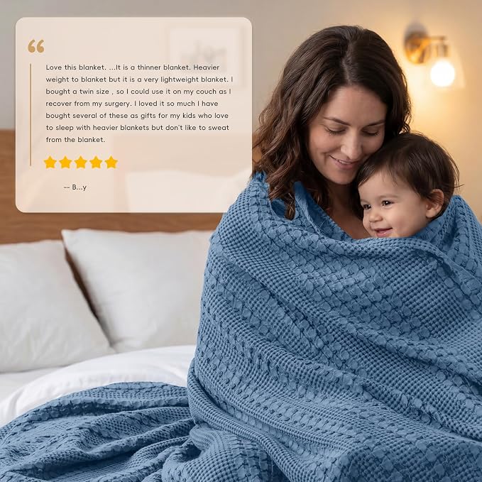 PHF 100% Cotton Waffle Weave Throw Blanket, Lightweight Breathable Summer Blanket for Couch Sofa, Pre-Washed Soft Throws for Bed, Office, Travel & Stylish Home Decor, 50"x60", Denim Blue