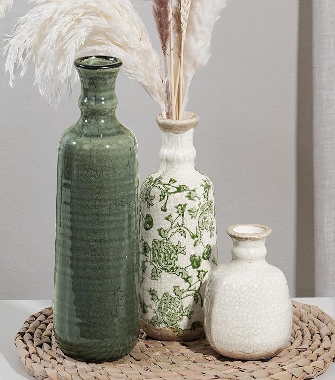 Ceramic Vase Set, 3Pcs Flower Vases for Modern Boho Farmhouse Decor, Decorative Vases for Pampas Grass & Dried Flowers, Distressed Finish