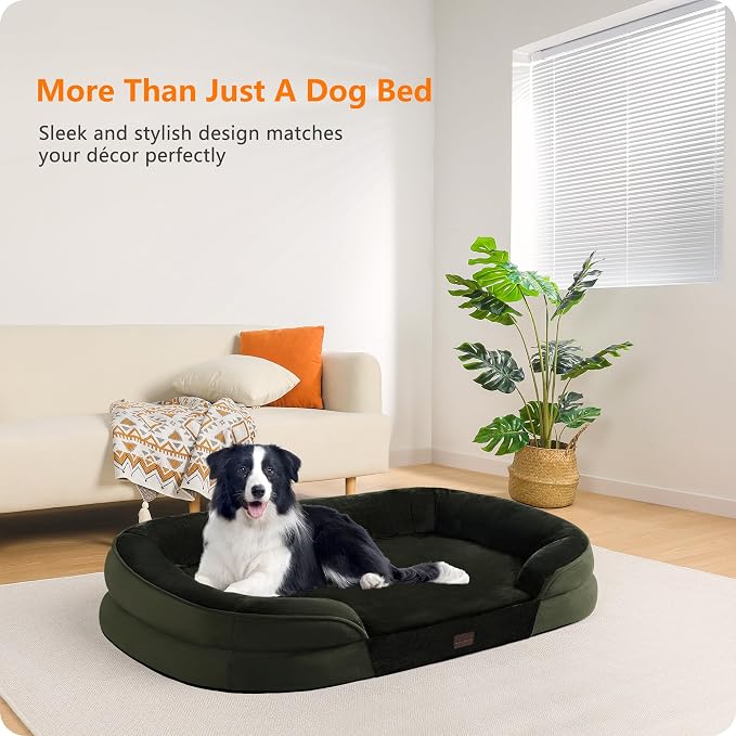 Dwanton Orthopedic Waterproof Large Dog Bed Sofa, Gel Memory Foam, 38" | Egg-Crate Foam Dog Sofa, Washable Pet Bed with Four Sided Bolster Cushion, Removable Cover & Non-Slip Bottom, Green