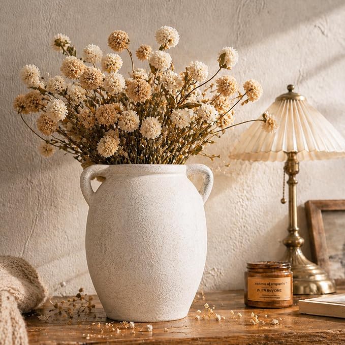 DREAMLOOM 7.6 Inch Ceramic Flower Vase, White | Double Handles, Farmhouse Vintage, Pottery Terracotta, Home Decor, Living Room Dining Table Wedding Centerpieces