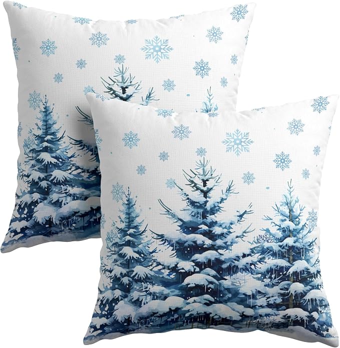 Kawani Winter Blue Trees Pillow Covers 18x18 Inches, Set of 2 Nature Snowy Pine Forest Seasonal Farmhouse Cotton Linen Pillow Cushion Case for Sofa Couch Outdoor Indoor Decorations