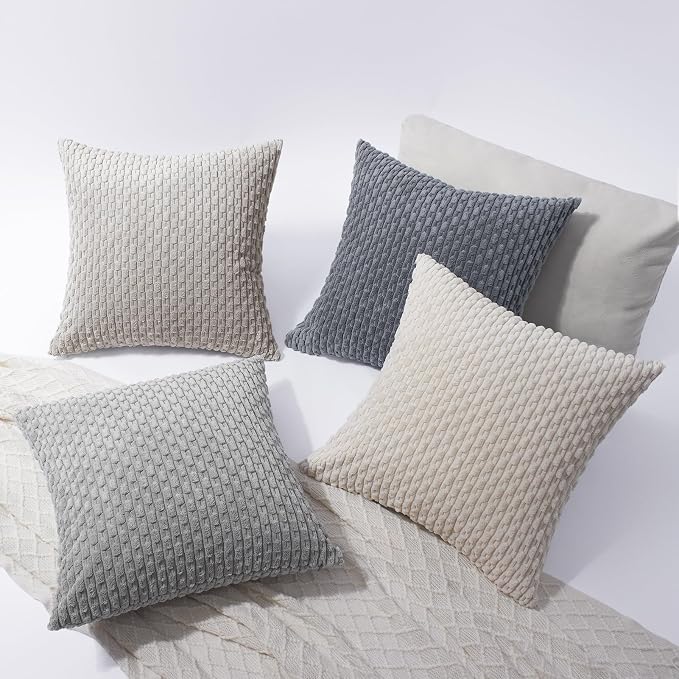 Softalker Corduroy Decorative Throw Pillow Covers 20x20, 4 Pack, Grey/Beige | Soft Boho Striped Pillow Cases, Couch Fluffy Cushion Covers for Farmhouse Home Decor Bed Living Room