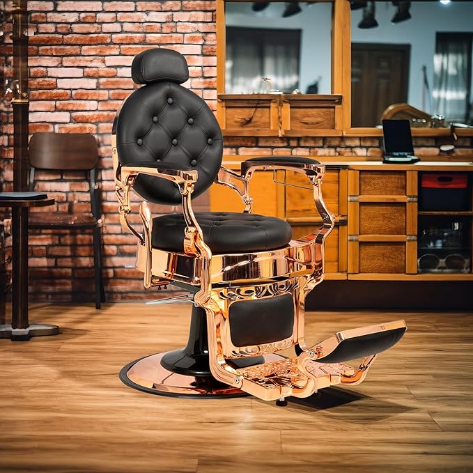 Winado Heavy Duty Vintage Recline Barber Chair Hydraulic with Headrest, Supports up to 700lbs & 360° Rotatable, Professional Salon Beauty Spa Shampoo Equipment (Rose Gold - Button Style)