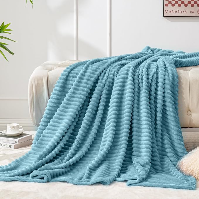 BEDELITE 3D Ribbed Washed Blue Fleece Throw Blanket for Couch, 50x60 Inch | Soft Warm Decorative Fluffy Blanket, Cozy Plush Lightweight Fuzzy Throw Blanket for Bed Sofa Home Room Decor, Gift for Women