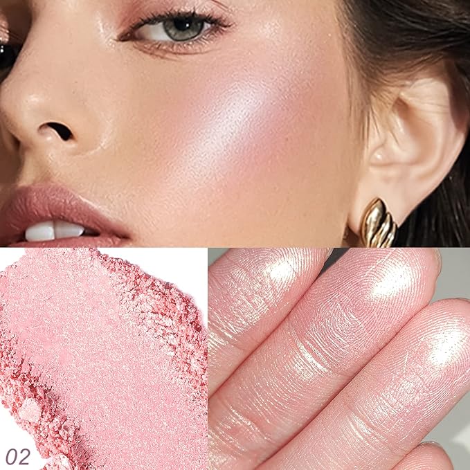 YOUNG VISION Pressed Powder Highlighter, Baked Natural Glow Contour Powder & Face Highlighter, Cruelty-Free, Shimmer Highlighting Makeup for Face, Eye, Eyeshadow, Body, Skin (Pink)