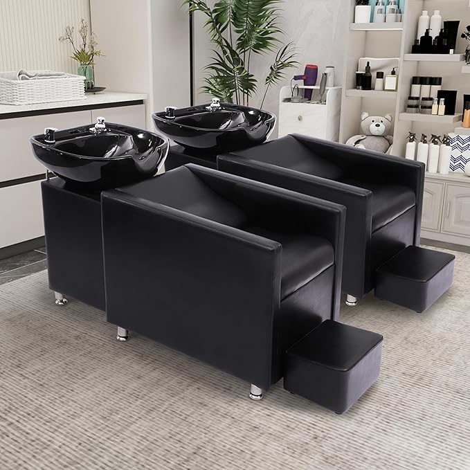 Backwash Shampoo Station Chair, Shampoo Bowl and Chair Set for Salon, Hair Washing Station for Hair Stylist, Backwash Chair with Ceramic Bowl, Sink Chair Station for Barbershop