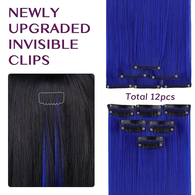IDN BEAUTY 12PCS Colored Clip in Hair Extension Straight Synthetic Hair Pieces Blue