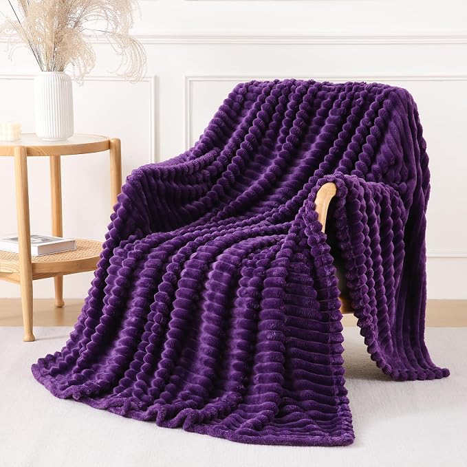 Deep Purple Throw Blanket for Couch Sofa 60x80 inches Striped Design | Fleece Blankets Room Home Decor Lightweight Plush Soft Cozy Gifts for Women Mom