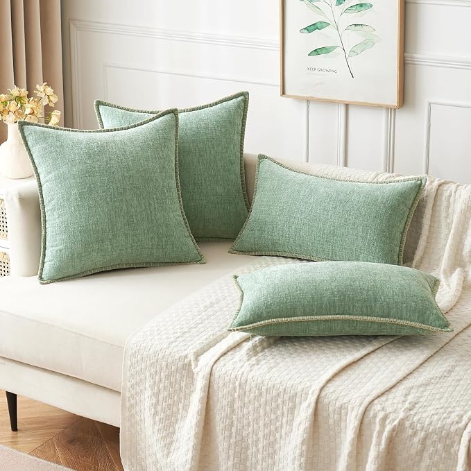 MIULEE Decorative Couch Throw Pillow Covers 18x18 Inch Greyish Green 2 Pack | Farmhouse Pillow Covers with Stitched Edge, Soft Chenille Cushion Cases, for Sofa Bed Living Room Home Decor