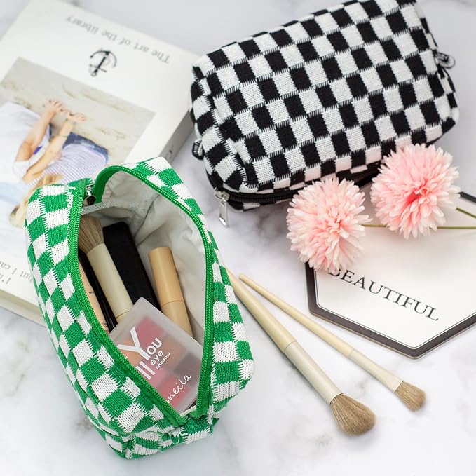 PAZIMIIK Checkered Makeup Bag for Purse Portable Zipper Make Up Pouch Small Cosmetic Case for Travel Accessories (2PCS Black Green)