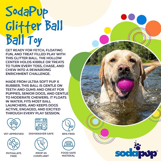 SodaPup Glitter Ball – Soft Dog Ball Toy, Floating Fetch Ball and Treat Dispenser Made in USA from Non-Toxic Pet Safe Food Safe PUP-X Rubber for Bonding, Physical Exercise, & More