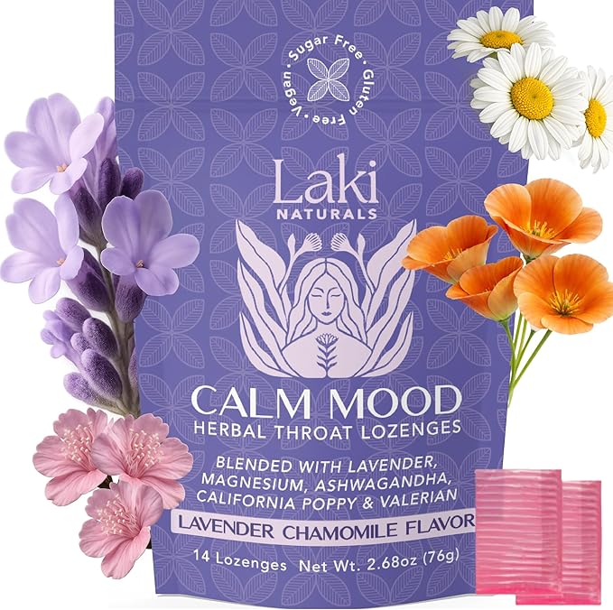 Laki Naturals Lavender Chamomile Calm Mood Functional Herbal Lozenges (14ct) Throat & Calming Hard Candies with Magnesium, Ashwagandha, California Poppy & Valerian. Vegan, Sugar Free, Gluten Free