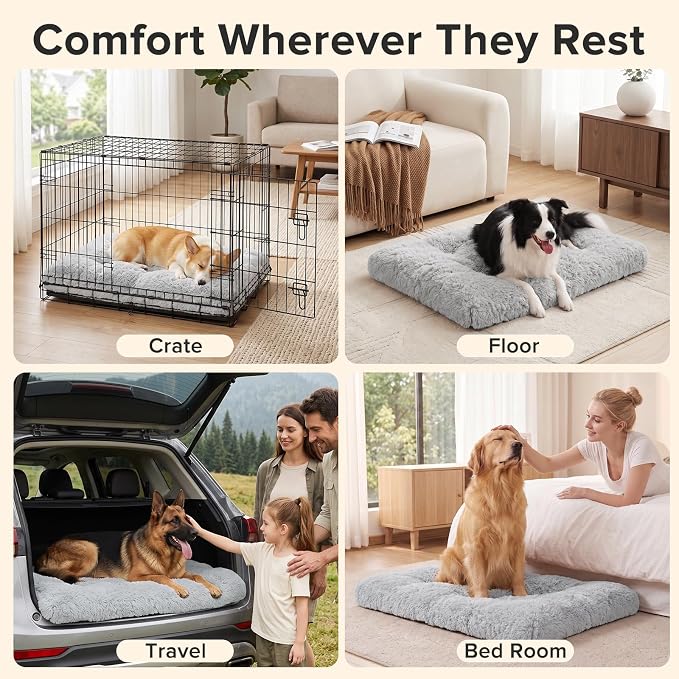 JOEJOY Dog Bed Crate Pad, Deluxe Plush Washable Dog Beds Fulffy Soft Kennel Pad Anti-Slip Pet Sleeping Mat for Small Dogs, 23" x 18", Grey