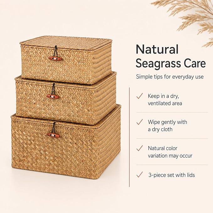 Square Handwoven Seagrass Wicker Storage Baskets with Lids, Set of 3 | Attached lids and internal iron frames help each basket hold its shape; compatible with IKEA KALLAX cube shelving.