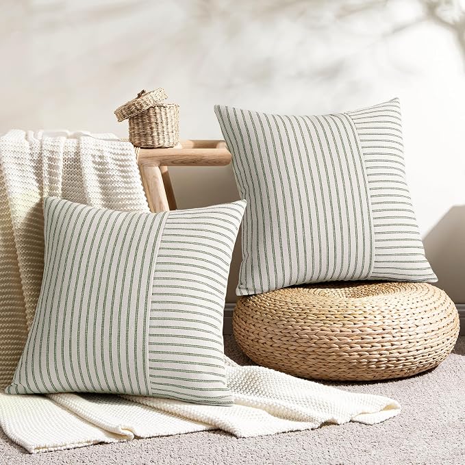 YCOLL Farmhouse Euro Sham Pillow Covers 24x24, Modern Throw Pillow Covers Set of 2, Olive Green and Beige Striped Patchwork Linen Decorative Cushion Covers for Bed Sofa Couch Living Room Home Decor