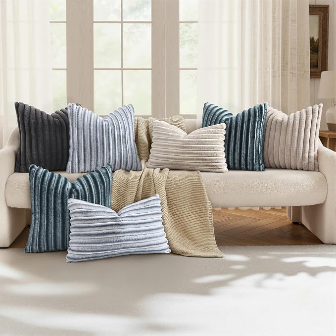 decorUhome Fall Faux Fur Throw Pillow Covers 24x24 Set of 2 Dark Grey | Decorative Soft Cozy Striped Plush Modern Farmhouse Boho Couch Pillow Cases Velvet Back for Sofa Bed Living Room Home Decor