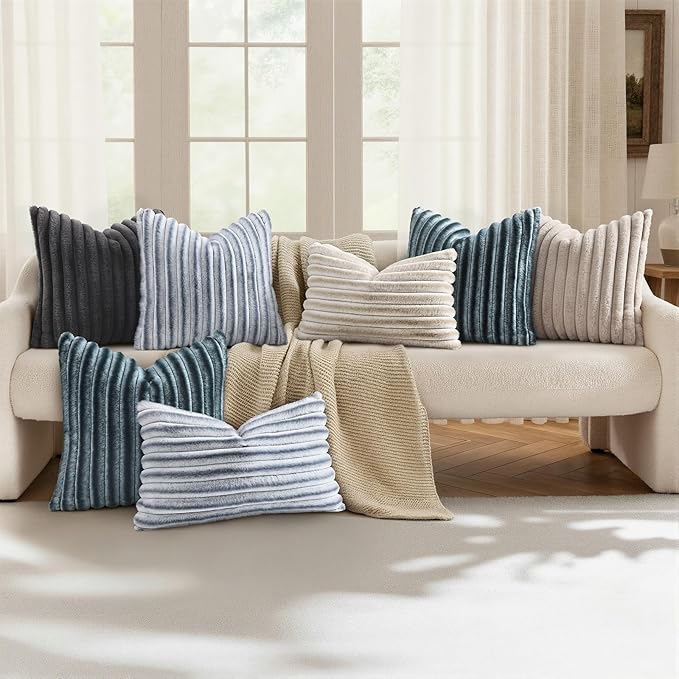 decorUhome Fall Faux Fur Throw Pillow Covers 18x18 Set of 2 Dark Grey | Decorative Soft Cozy Striped Plush Modern Farmhouse Boho Couch Pillow Cases Velvet Back for Sofa Bed Living Room Home Decor