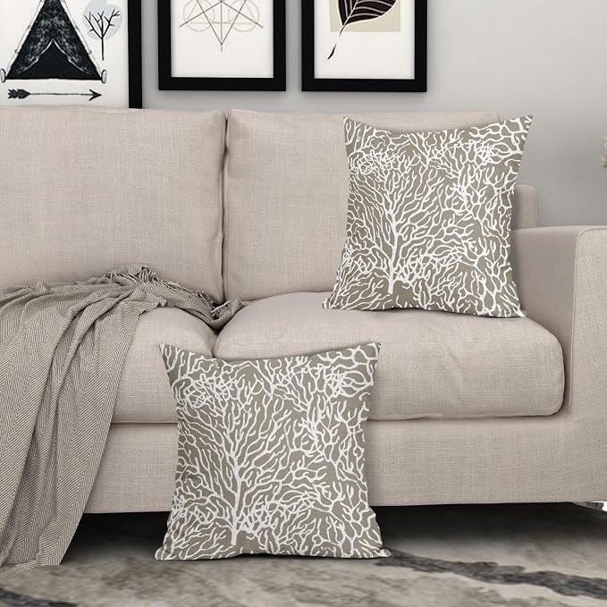 Nautical Coastal Coral Pillow Covers 22x22 Inch Set of 2 Summer Ocean Beach Taupe Decorative Pillow Cases Outdoor Linen Cushion Cover Farmhouse Decor for Bedroom Home Sofa Couch Bed