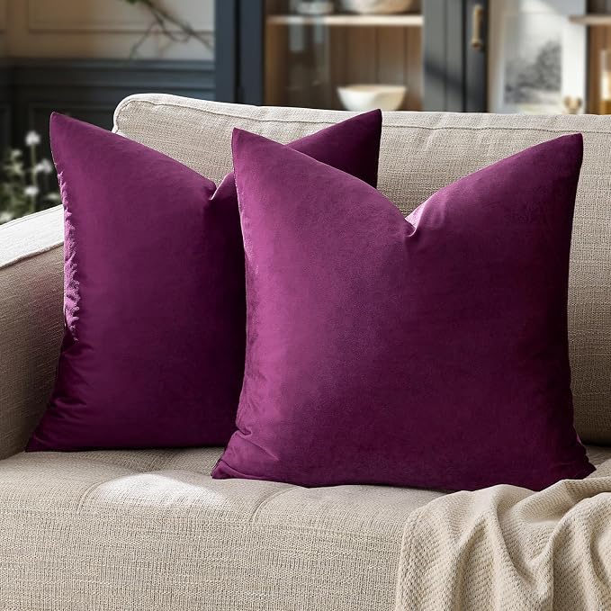 GIGIZAZA Velvet Pillow Covers 18x18 Decorative Pillows Pack of 2 Purple | Throw Pillows for Couch Sofa,280gsm Soft Textured Fabric,Luxury Modern Square Pillowcases,Home Decor Cushion Covers