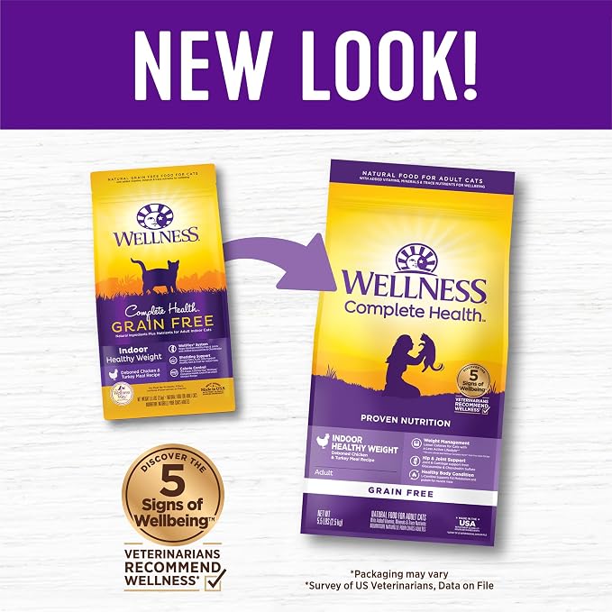 Wellness Complete Health Healthy Weight Adult Dry Cat Food for Indoor Cats, Natural, Grain Free Kibble, Chicken & Turkey Recipe, 5.5 lb Bag