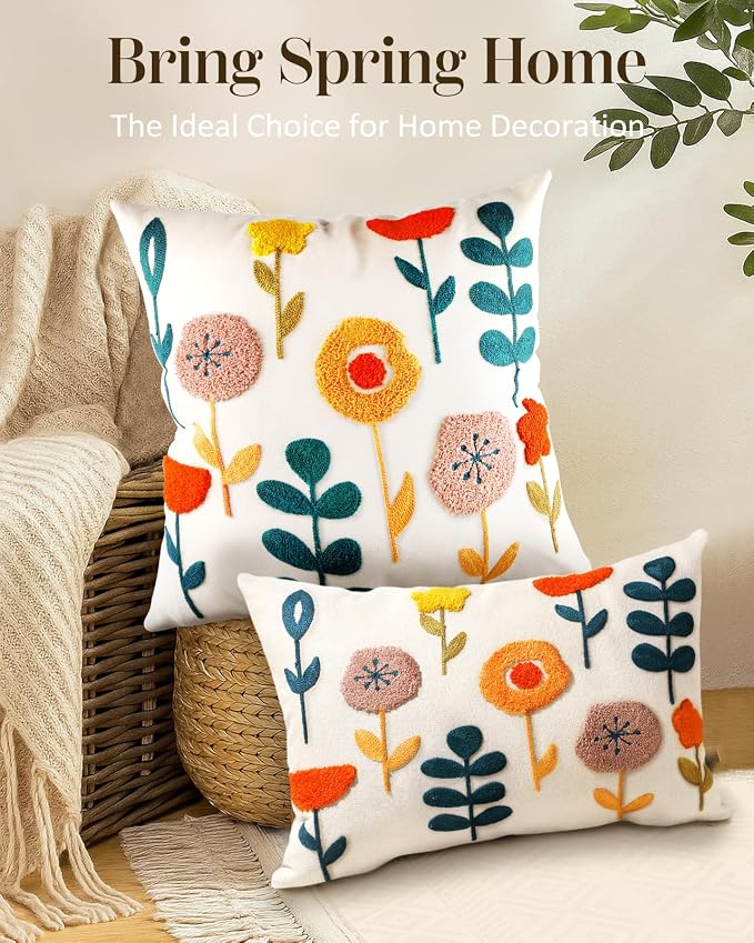 Embroidered Lumbar Pillow Cover - 20x12 Decorative Pillow Cover with Zipper Aesthetic Cute Design Boho Spring Summer Cozy Throw Pillowcase for Living Room Couch Sofa Bed, Plants