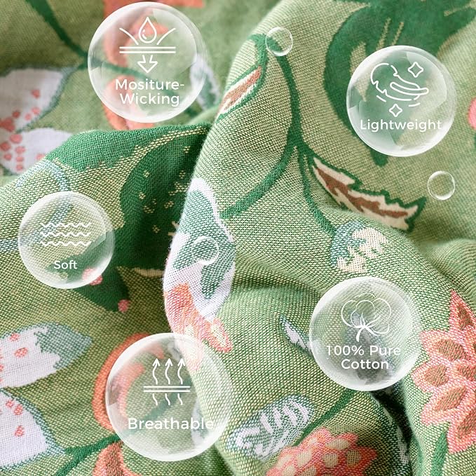 LUTBM Boho Throw Blanket for Bed 60"x80", 100% Cotton Green Couch Blankets | Soft Reversible Floral Animals, All-Season Twin Quilt, For Chair Sofa Living Room Decor, Lightweight & Breathable, Women Gift