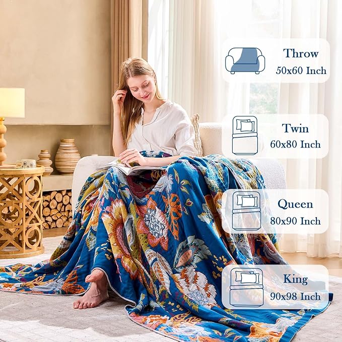 XIBLC Boho Throw Blanket, Blue Lightweight Blankets for Summer, 100% Cotton Bohemian Decorative Throw Blanket, 50"x60" Reversible Muslin Breathable Woven Farmhouse Blankets Quilt,