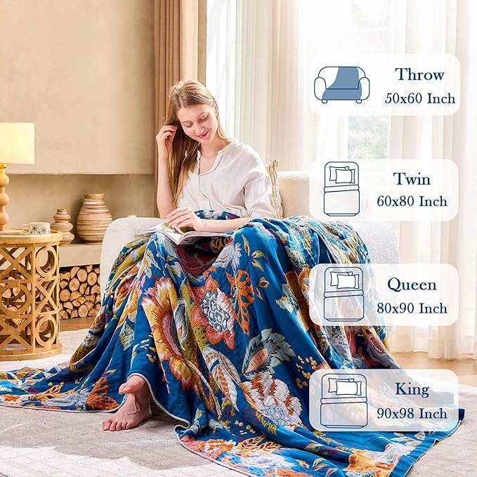 XIBLC Boho Throw Blanket, Blue Lightweight Blankets for Summer, 100% Cotton Bohemian Decorative Throw Blanket, 90"x98" Reversible Muslin Breathable Woven Farmhouse Blankets Quilt,