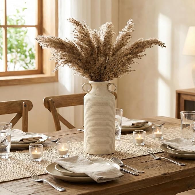 Vaseking Ceramic Rustic Vase with 2 Round Handles, Antique Farmhouse Flower Vase, Vintage Terracotta Vases for Home Decor, Wedding, Living Room, Table, Shelf Decor - 10.2 Inch Tall, Fossil
