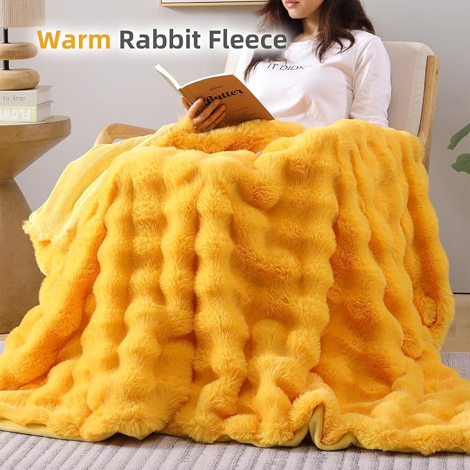 Faux Fur Throw for Couch - Mustard Yellow Bubble Blanket 50"x60" | Fluffy Plush Fuzzy Throw for Sofa & Bed, Super Soft Cozy Comfrt Blanket, Luxury Aesthetic Yellow Decor Gift for Women