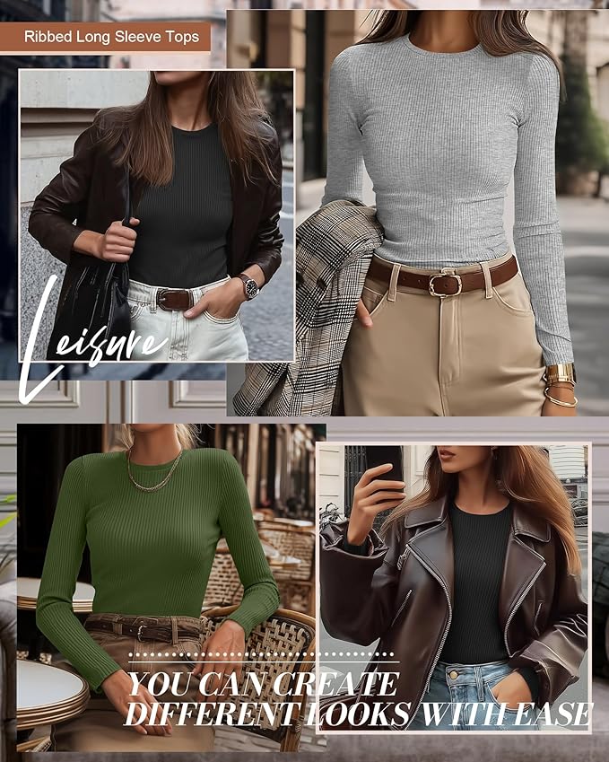 Ficerd 3 Pack Women's Ribbed Long Sleeve Tops, Crew Neck Slim Fit Undershirts Knit Basic Casual Stretch Layering Tee Shirts
