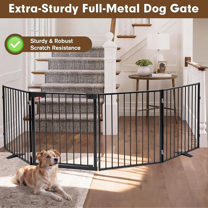 Metal Freestanding Dog Gates with Door 104"x30" Pet Fence Extra Wide | Heavy-duty Foldable Dog Fence - Auto Close Dog Barrier Indoor Outdoor for Doorways, Deck, Yard, Stairs (4 Panels,Black)