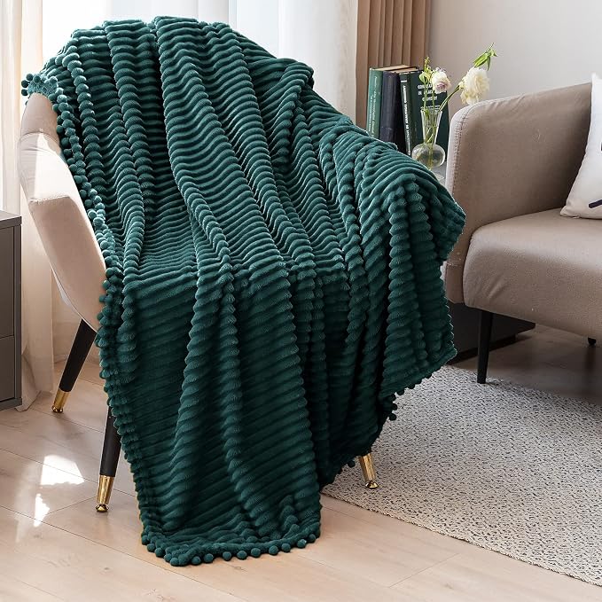 DISSA Fleece Blanket Throw Size – 51x63, Green – Soft, Plush, Fluffy, Fuzzy, Warm, Cozy – Perfect Throw for Couch, Bed, Sofa - with Pompom Fringe - Flannel Blanket Throw Blanket