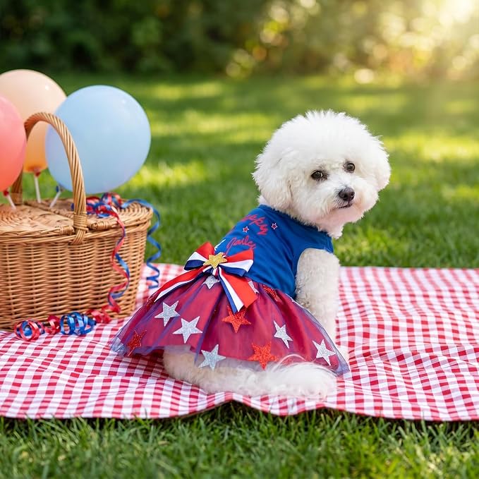 4th of July Pet Clothes for Small Dogs, 250th Independence Day Dog Dresses Stars and Stripes Patriotic Pet Doggie Apparel Stretchable Outfit, XL Size