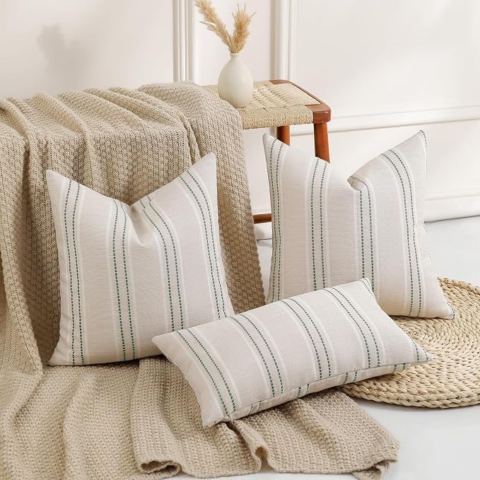 Hckot Spring Throw Pillow Covers 24x24 Set of 2 Striped Pillow Covers Textured Linen Decorative Pillows Square Cushion Covers for Sofa Couch Bed Living Room Farmhouse Decor, Sage Green
