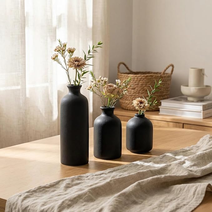 Small Ceramic Vase Set of 3,Modern Boho Farmhouse Flowers Vases | Decorative Vase for Dried Flowers,Pampas Grass,Home Decor,Shelf,Bathroom,Centerpiece for Entryway Table Distressed