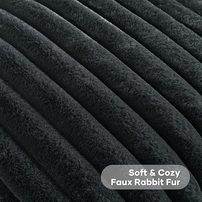 FUTEI Pack of 2 Faux Fur Throw Pillow Covers 12x20 Inch, Black | Fluffy Faux Rabbit Fur Front/Premium Velvet Back,Hidden Zipper,Machine Washable,Non-Shedding,Colorfast,Insert Not Included.