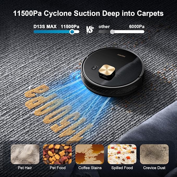 Robot Vacuum and Mop, 11500 Pa Suction, 3-in-1 Robotic Vacuum with Smart LiDAR Navigation, 90 Day Self-Emptying,160 Min Runtime,App/Alexa/Voice Control, Ideal for Pet Hair, Carpet & Hard Floor