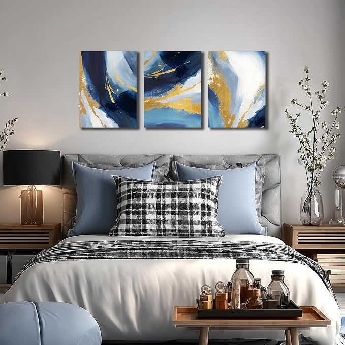 DNIEOTU Abstract Wall Art for Living Room, Blue White and Gold Canvas Wall-Decor for Bedroom, Picture Prints, Size 12 x 16 Inches 3-Pieces