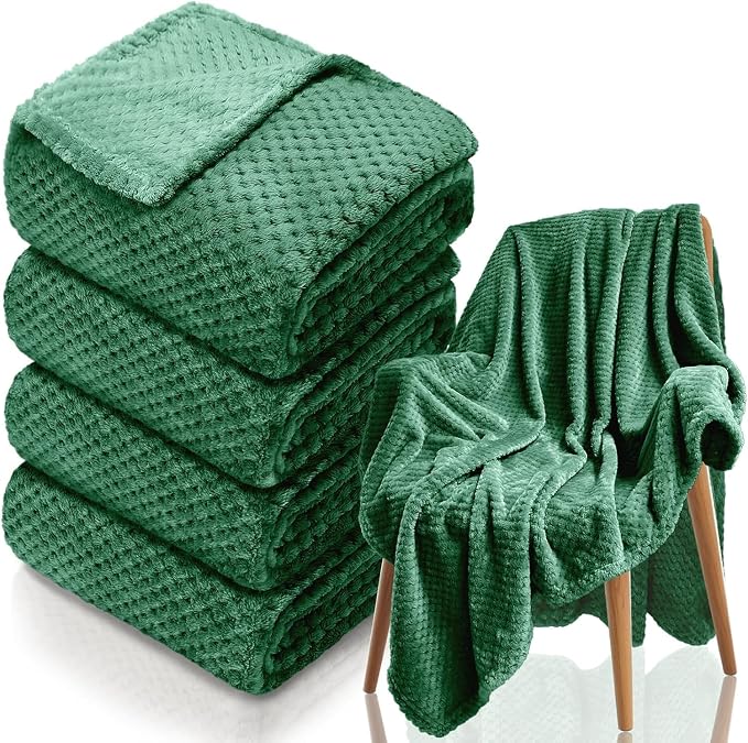 4 Pack Fleece Throw Blankets 50x60 Inches - Oeko-Tex Certified 100, 270 GSM Ultra Soft Plush for Bed, Couch and Cozy Gifts. 3D Waffle Texture, No Shedding No Pilling All Season (Green)