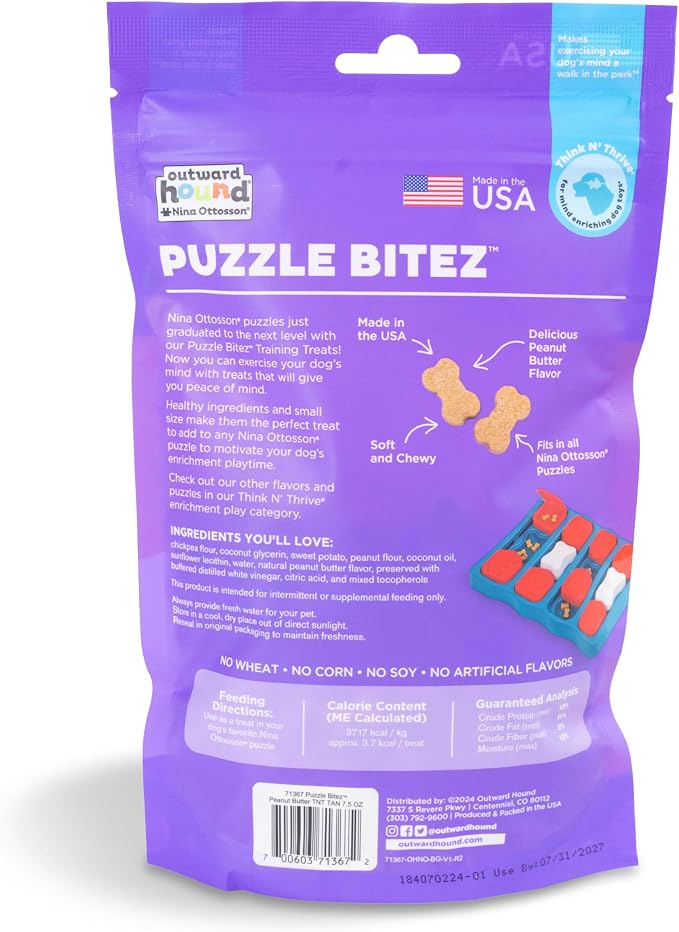 Outward Hound by Nina Ottosson Puzzle Bitez USA Made Dog Treats,Peanut Butter Flavor,Bite-Sized Training Reward and Interactive Puzzle Toy Treats,7.5oz,(Pack of 2)