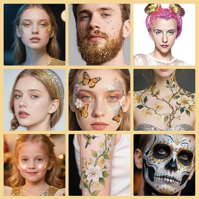 2PCS Face Body Glitter Stick,Gold Silver Hair Glitter Stick for Kids Women,Roll on Body Face Glitter Gel Makeup Hair Accessories,Silver Face Paint,Halloween Singer Concert Party Accessories