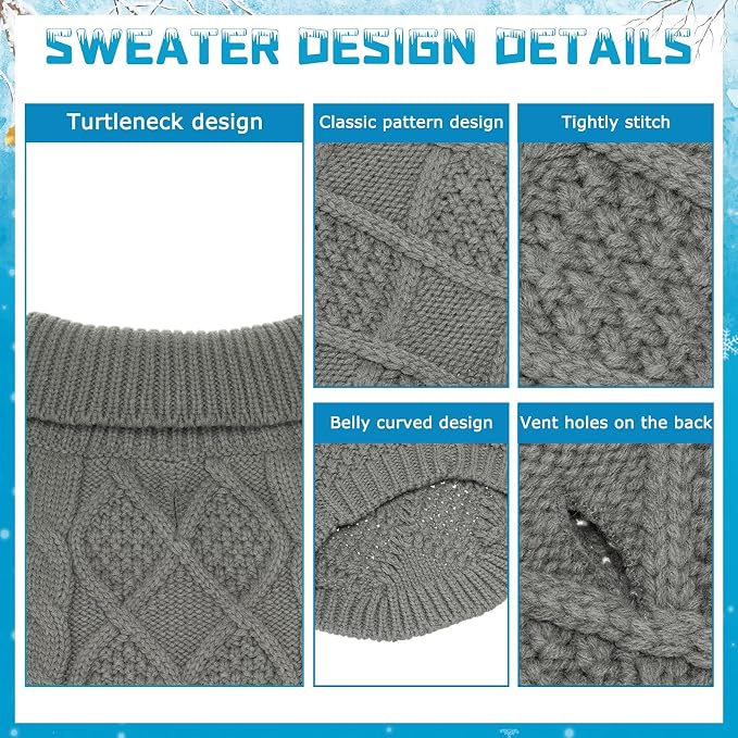 Mihachi Turtleneck Dog Sweater - Winter Coat Apparel Classic Cable Knit Clothes with Leash Hole for Cold Weather, Ideal Gift for Pet in New Year Smoky Gray Small/Medium