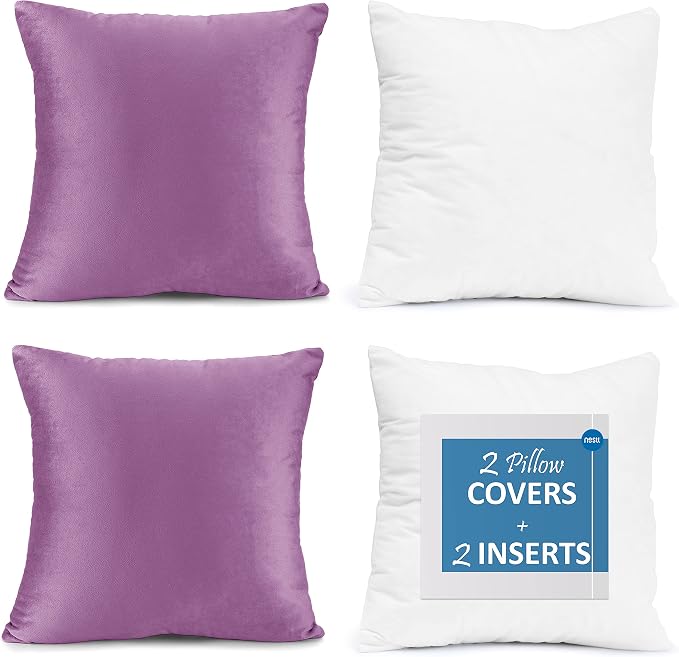 Throw Pillow Inserts Pack of 2 with Velvet Soft Solid Decorative Square Throw Pillow Covers Set for Sofa Couch Car Bedroom, 18X18 Throw Pillows Inserts with 16x16 Washable Cushion Covers, Lavender