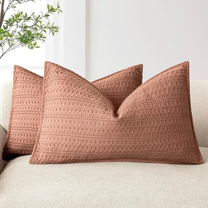 Foindtower Set of 2 Decorative Cotton Waffle Weave Lumbar Throw Pillow Covers Euro Shams Cushion Covers Accent European Pillowcase for Bed Couch Bedroom Living Room Home Decor 12×20 Inch Coral Pink