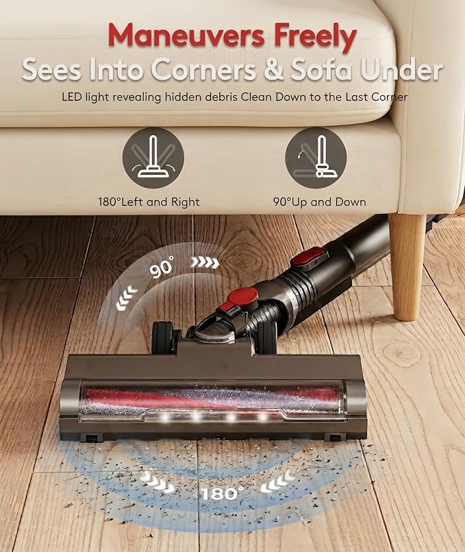 RONEAIR Cordless Vacuum Cleaner 40Kpa 45Min 6-in-1 Self-Standing | Bendable Wand Stick Vacuum,Anti-Tangle,1L,4 LED,Rechargeable for Pet Hair Carpet Hard Floors Dom Home Use ETL Certified