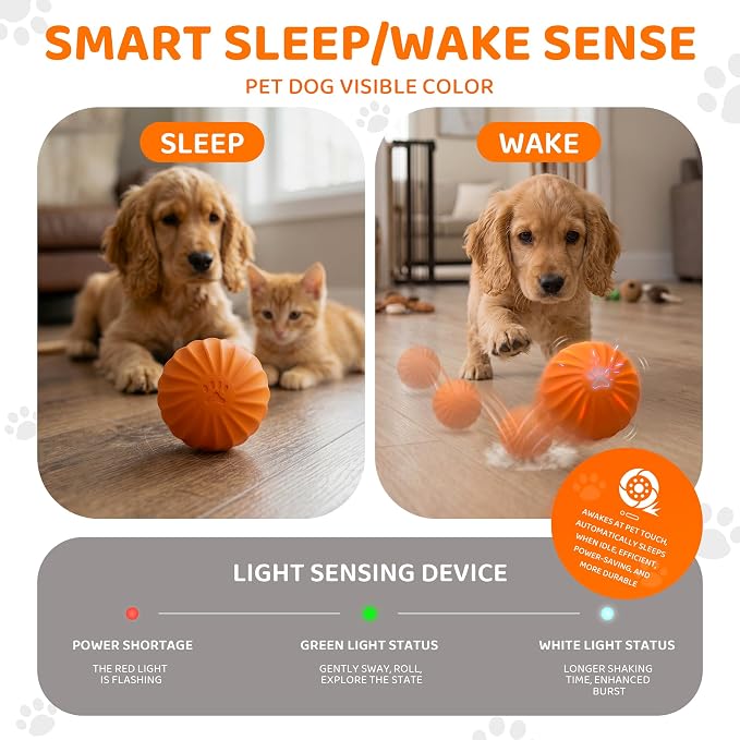 Smart Interactive Dog Toy Ball for Dogs and Cats, Motion Activated Auto Rolling Bouncing Pet Ball, IP67 Waterproof, Bite Resistant Rubber, USB-C Rechargeable, 2 Modes