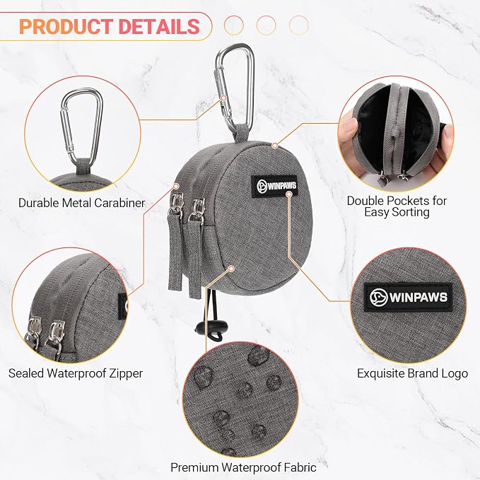 Dog Poop Bag Holder for Leashes- Dog Treat Pouch with Waterproof Zipper,Puppy Training Small Bag with Carabiner & Bungee Toggle,Two Pockets for Dry or Wet Treats-Pet Travel Walking Essentials (Grey)