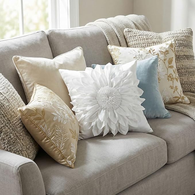 Bella's Giftshop 3D Sunflower Decorative Throw Pillow Covers for Bed Sofa Couch Car, Accent Floral Cushion Cover, Handmade Pillow Cases Living Room Decor, 17x17 Inch-Cream/White | Bella's Giftshop Handmade Sunflower Taffeta Pillow Cases Living Room Bed...